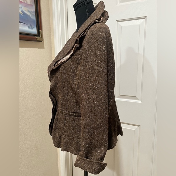 COLDWATER CREEK BROWN TWEED RUFFLED COLLAR PEPLUM,OFFICE SIREN JACKET SIZE 16. - Picture 5 of 12
